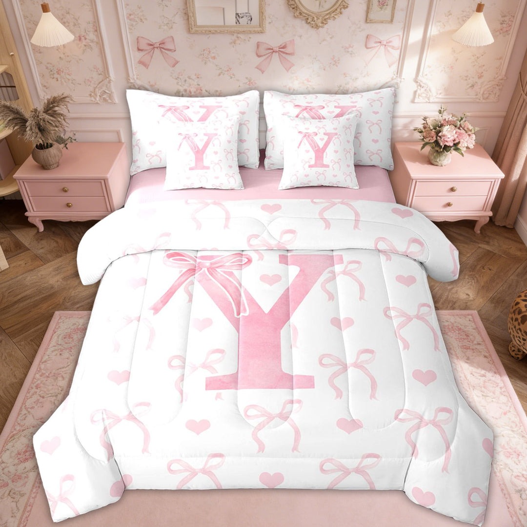 Erosebridal Pink Bowknot Bed in a Bag Twin size, Initial Y Letter Bed Set, Cartoon Love Decor, Reversible