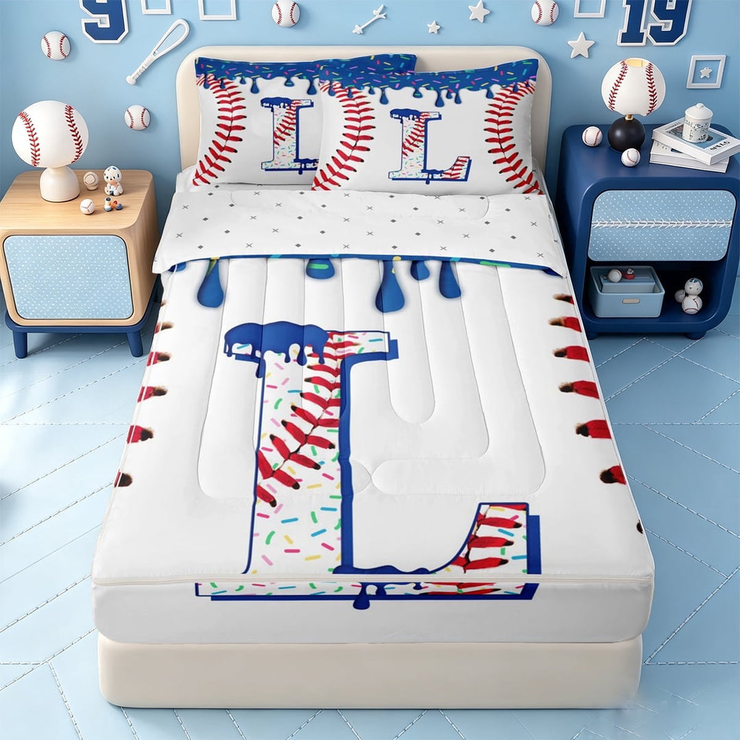 meiyoeat Ball Sport Games Zipper Full Size Comforter Sets with Fitted Sheet and 2 Pillowcases,Baseball Theme Initial Letter L Zipper Bedding Set For Boy,Reversible,4 Pieces