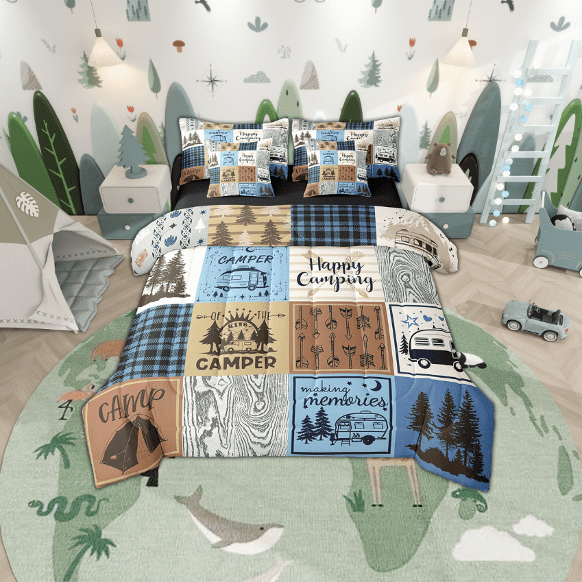 YST Happy Camping Bedding Set Queen Rv Camper Comforter Set 7 Piece For Travel Trailers Bunks,Rustic Buffalo Plaid Pine Trees Camper Car Decor Bed In A Bag Rv Accessories For Inside Bed Set