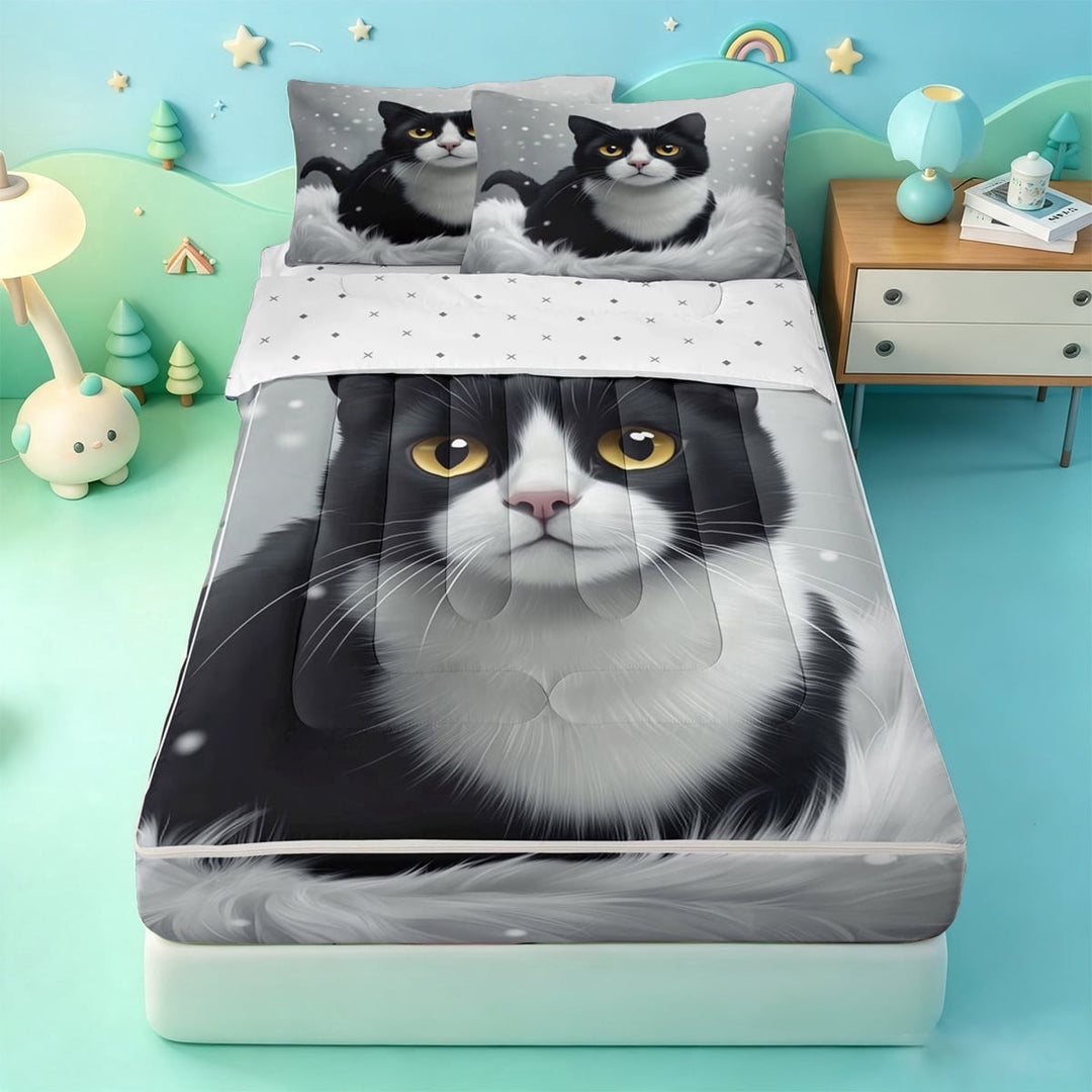 meiyoeat Pet Cat Zipper Twin Comforter Sets with Fitted Sheet and 2 Pillowcases,Cute Animal Kitten Zipper Bedding Set,Reversible,4pcs