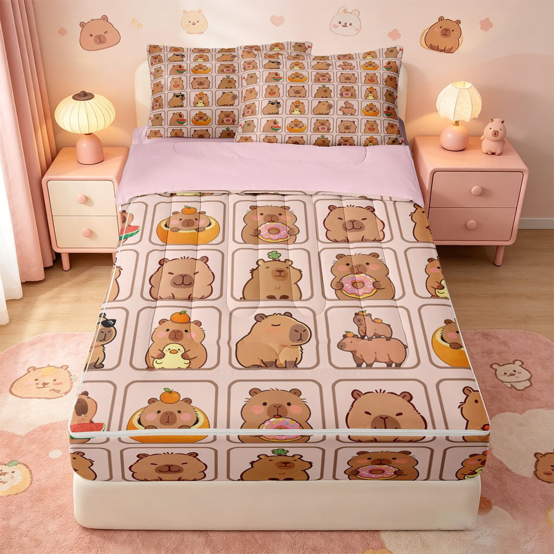 meiyoeat meiyoeat Cute Capybara Zipper Full Size Comforter Sets with Fitted Sheet and 2 Pillowcases,Brown Cartoon Animals Zipper Bedding Set,Pink Reversible,4 Pieces