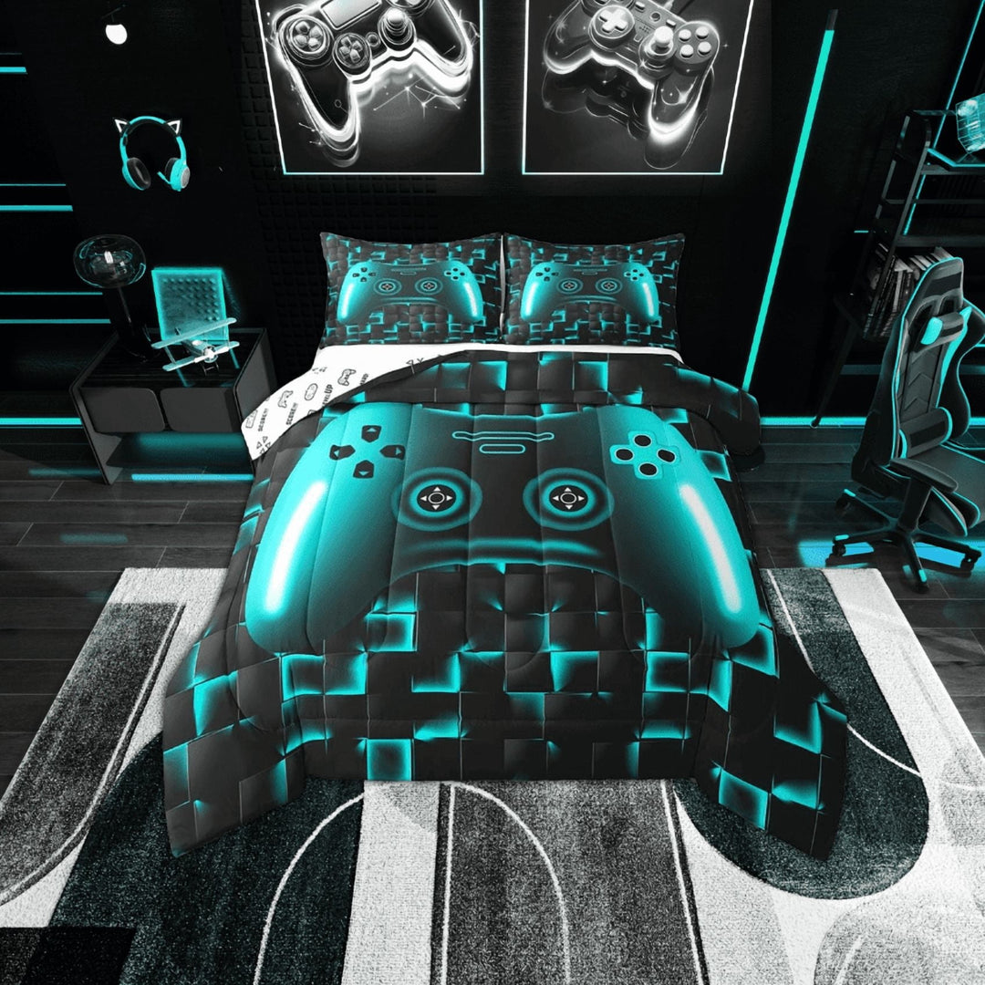 Erosebridal Gaming Full Size Bedding Set Gamer Comforter Sets For Teen Game Controller Bedroom Decor,Neon Teal Glowing Geometric Grid Bedding,Black Abstract Check Square Comforter