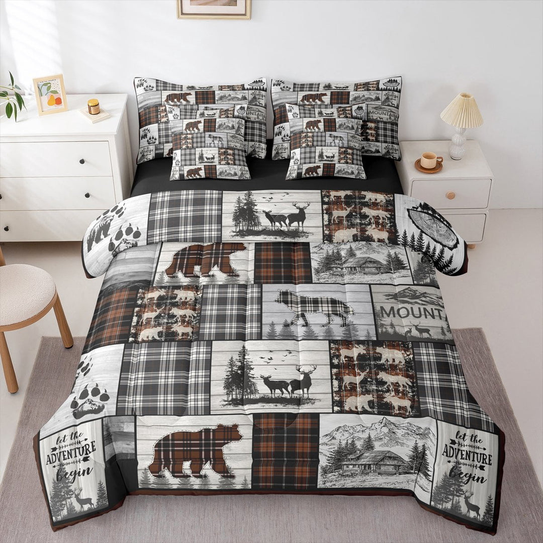 Rustic Cabin Full Comforter Set 7 Piece Country Farmhouse Buffalo Plaid Bedding Sets,Woodland Bear Deer Wolf Bed In A Bag Hunting Animal Wildlife Bed Set Black Brown Grey