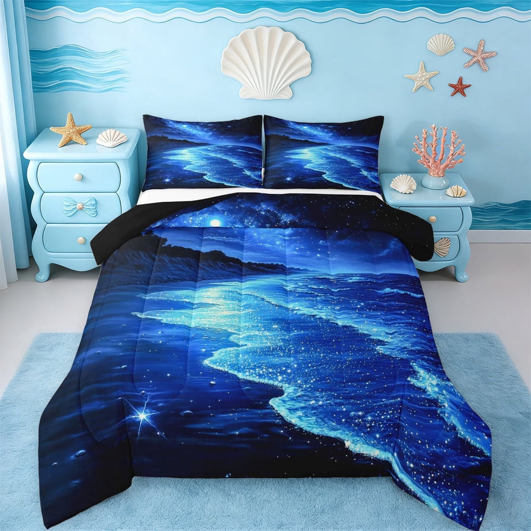 Erosebridal Beach Themed Full Size Comforter Sets,Ocean Sea Printed Summer Holiday Nature Pattern Bedding Sets For Adults,Reversible Black,3pcs