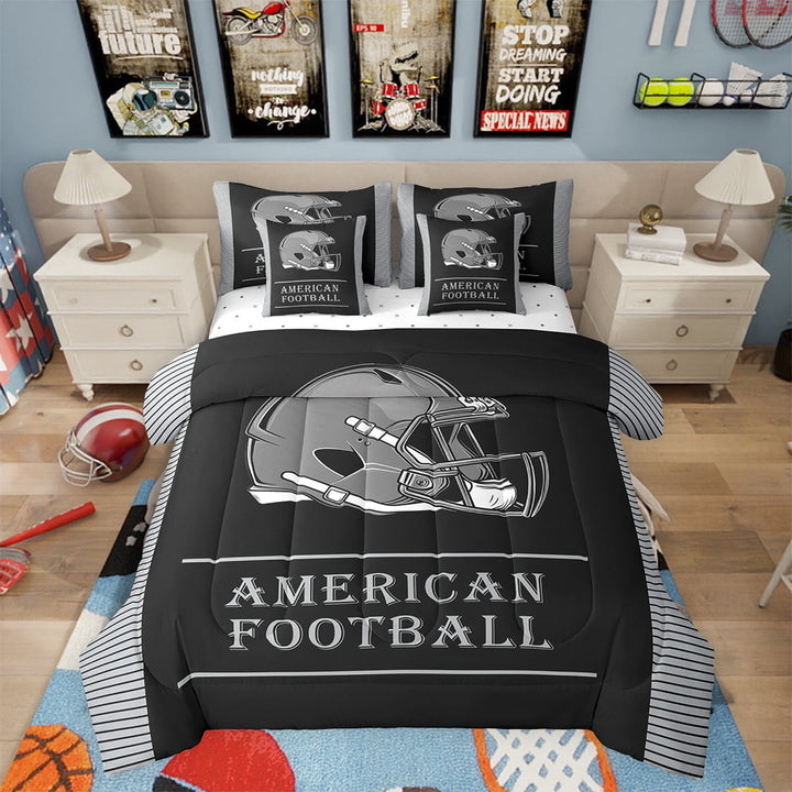 Erosebridal American Football 7 Piece Bedding Set Twin Size Rugby Theme Comforter Set with Sheets Teens Black Grey Stripe Bed in a Bag Sport Helmet Bed Set