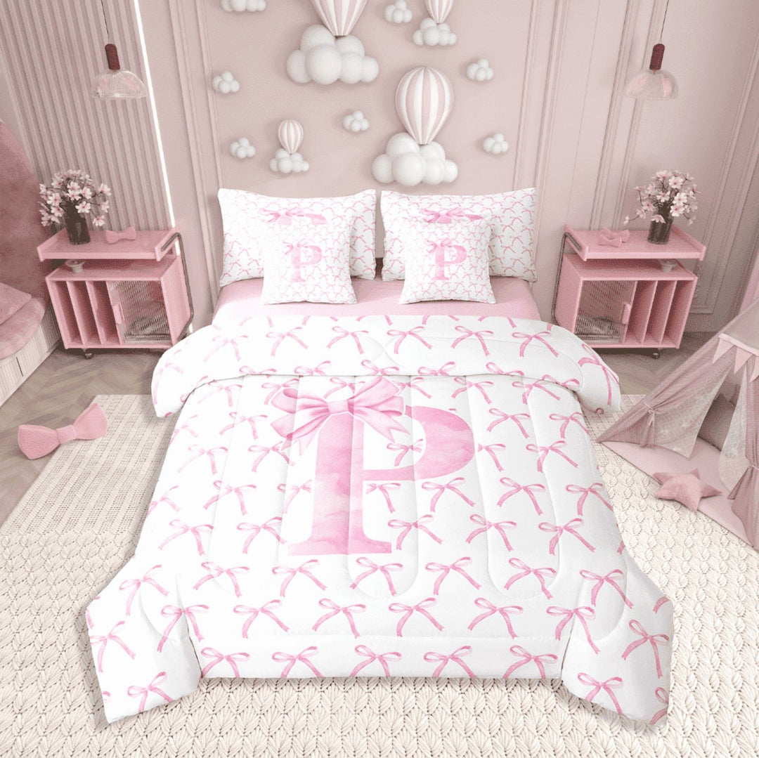 Erosebridal Monogrammed Bow Tie Bedding Sets Twin Size,Dreamy Princess Comforter Sets with Sheets,Letter Bedroom Decor,Reversible,7pcs