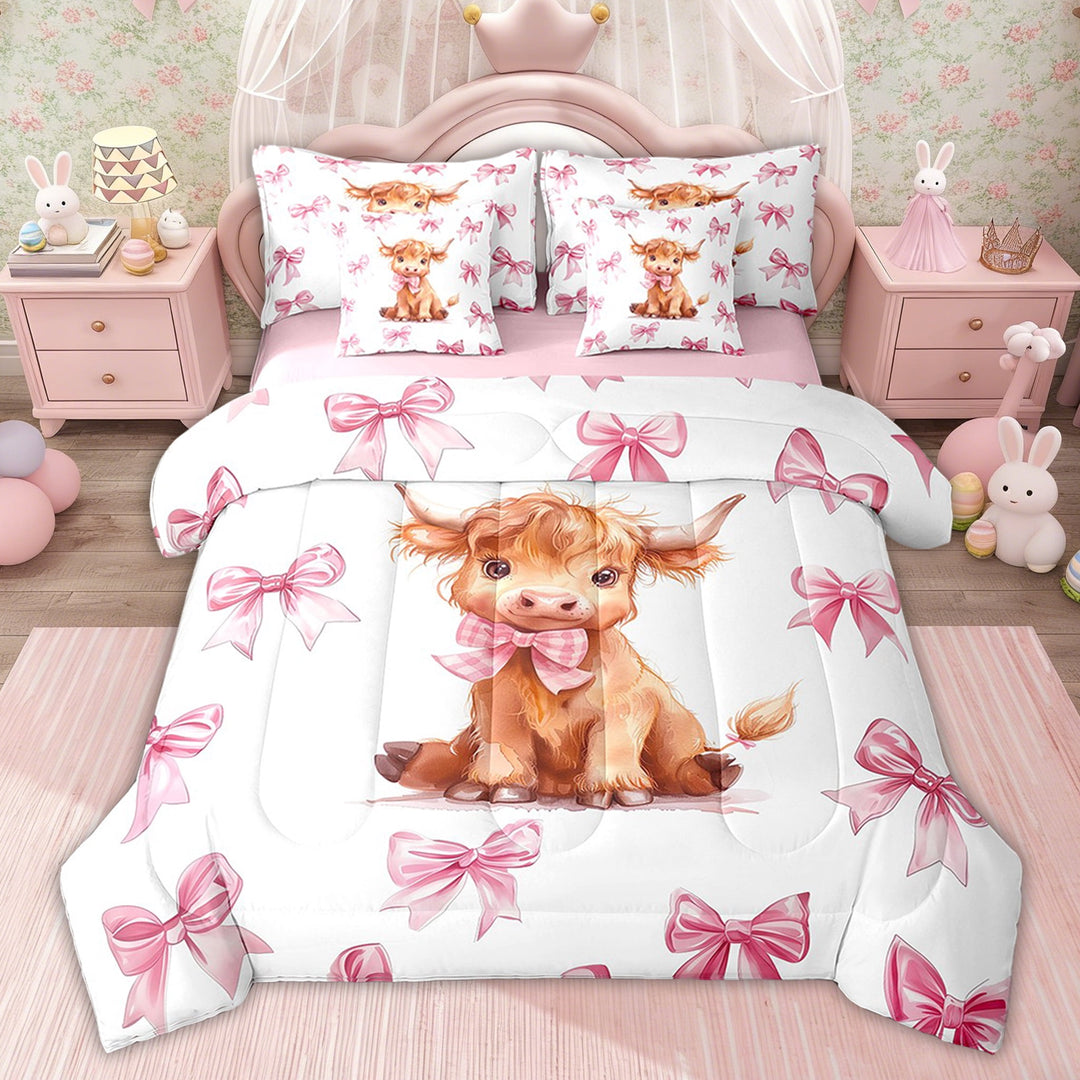 Erosebridal Kids Bowknot Cow Bedding Sets Twin with Comforter, Princess Bow Bedding Comforter Set,, Pink Reversible 7-Piece