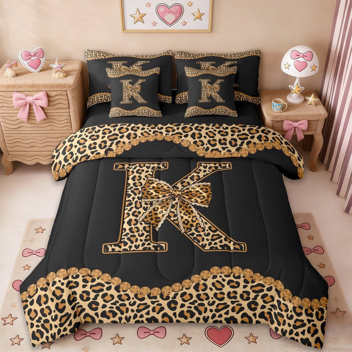 Erosebridal Brown Leopard Bowknot Kids 7-Piece Twin Bedding Sets,Cheetah Print Theme Monogrammed K Bedding Comforter Set For Women,Black Reversible