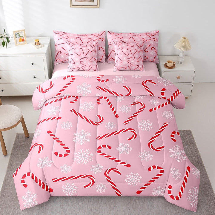 Xmas Candy Cane Twin Bedding Set 7 Piece,Merry Christmas Bed In A Bag,White Snowflake Comforter Set Pink Christmas Ornaments Sheet Set with Comforter