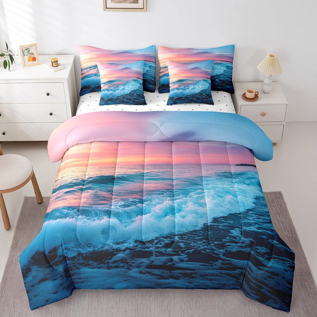 Erosebridal Beach Theme Comforter Set King 7 Pcs Hawaiian Beach Ocean Sea Nature Pattern Printed Bedding Set Summer Holiday Vacation Bed in a Bag with Comforter,Sheets