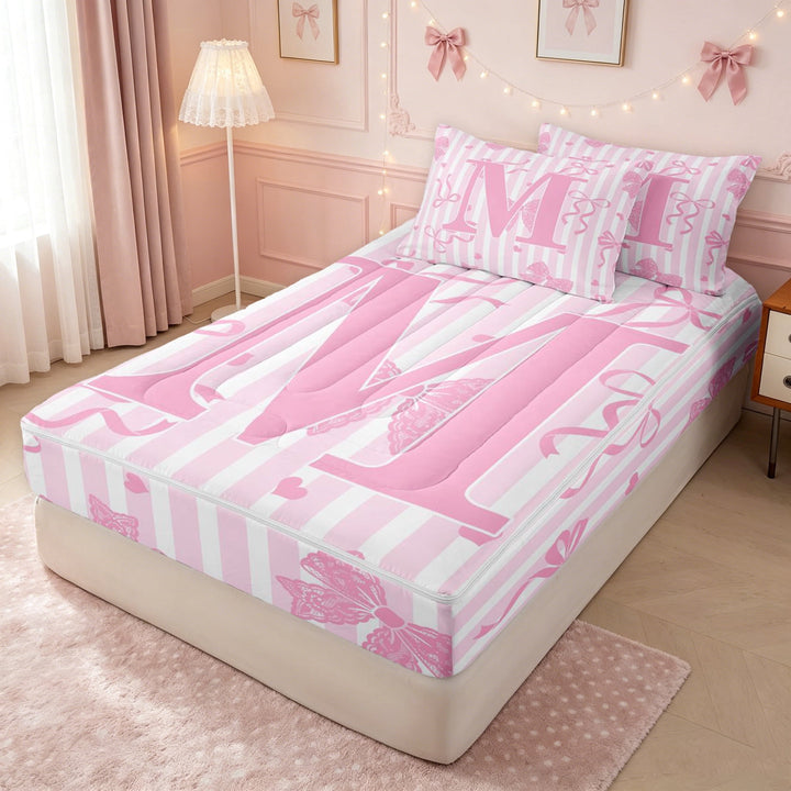 meiyoeat Kawaii Monogrammed M Zipper Full Size Comforter Sets with Fitted Sheet and 2 Pillowcases for Girls, Pink Bowknot Stripe Line Zipper Bedding Set, Pink Reversible, 4 Pieces