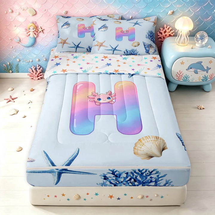 meiyoeat Ocean Axolotl Letter H Zipper Twin Comforter Sets with Fitted Sheet and 2 Pillowcases for Girls, Sea Life Zipper Bedding Set, Rainbow Blue, Star Reversible, 4-Piece