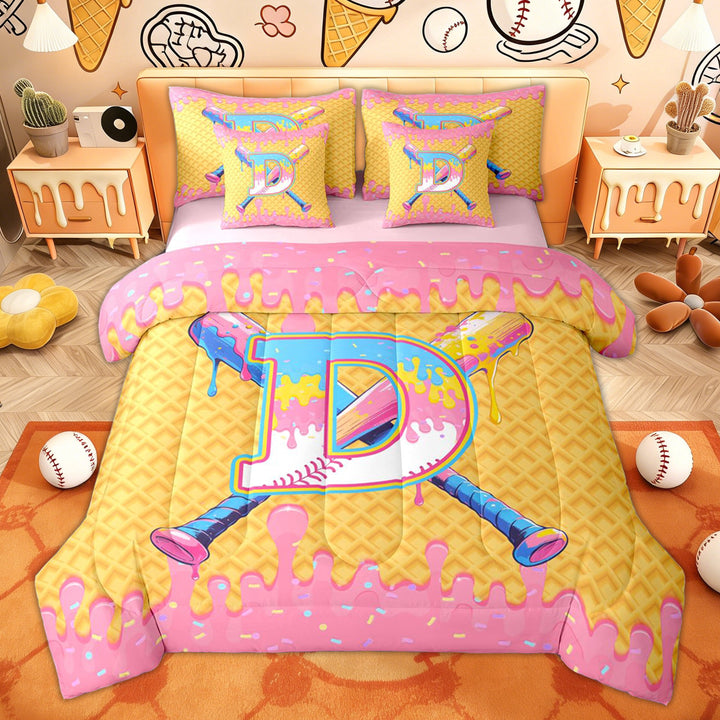 Erosebridal Kids Cute Baseball Twin Bedding Sets, Ice Cream Monogrammed D Bedding Comforter Set, Pink, 7pcs
