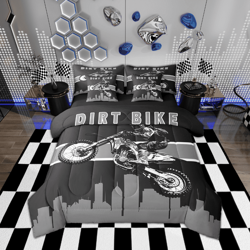Cool Cross Bike Bedding Queen Size 7-Piece for Teens Adults Dirt Bike Comforter Set, Extreme Sport Themed Bedding Comforter Sets Motocross Rider Motorbike Bed in a Bag, Black Gray Bedding Accessories