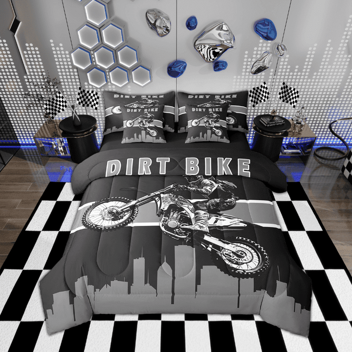Cool Cross Bike Bedding Queen Size 7-Piece for Teens Adults Dirt Bike Comforter Set, Extreme Sport Themed Bedding Comforter Sets Motocross Rider Motorbike Bed in a Bag, Black Gray Bedding Accessories
