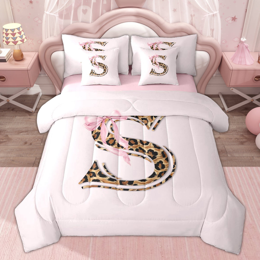 Erosebridal Cheetah Print S Letter Kid Twin Bedding Sets, Kawaii Pink Bow Bedding Comforter Set, 7-Piece