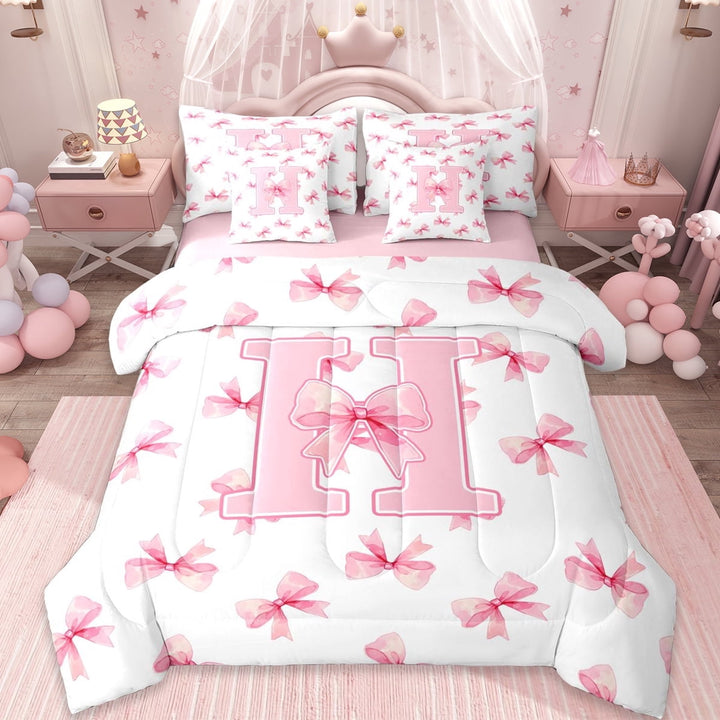 Erosebridal Dreamy Princess Style 7-Piece Twin Bedding Sets,Pink Bowtie Monogrammed H Bedding Comforter Set For Princess,Reversible