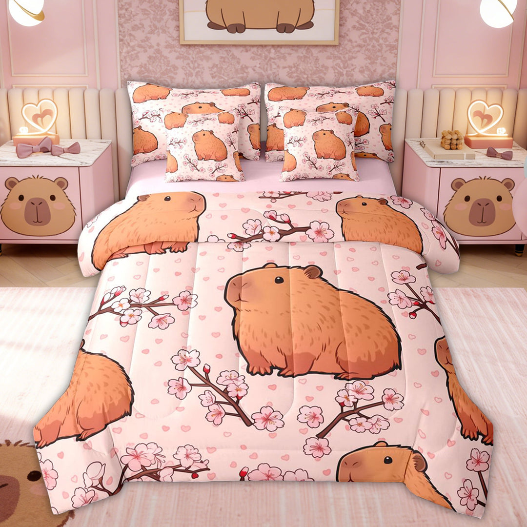 Erosebridal Kawaii Capybara Kids Twin Bedding Sets, Cherry Blossoms Bedding Comforter Set, Pink Reversible, 7pcs