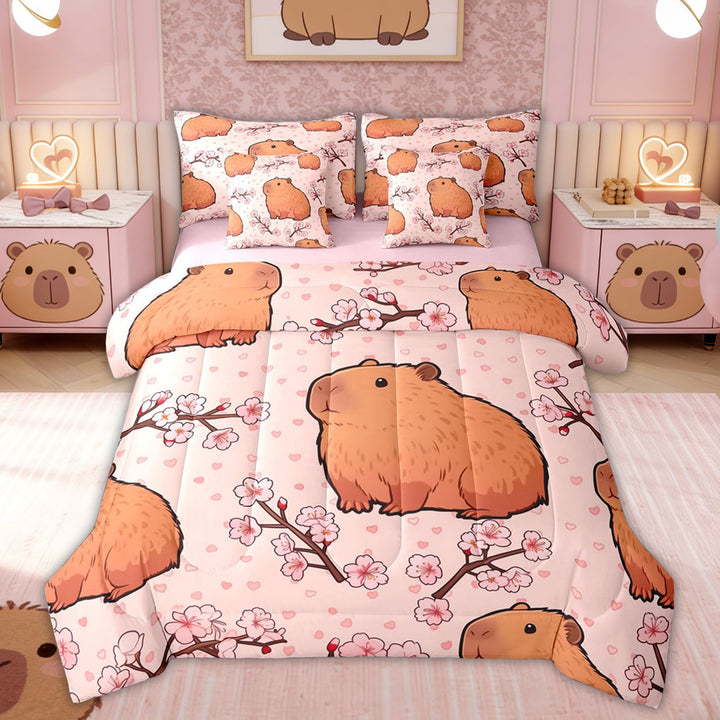Erosebridal Kawaii Capybara Kids Twin Bedding Sets, Cherry Blossoms Bedding Comforter Set, Pink Reversible, 7pcs