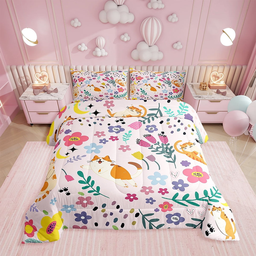 Full Bed Comforter Set ,Garden Floral Cat Bedding ,Cartoon Cat Comforter Kawaii Flower Plants Down Comforter with 2 Pillowcases Lightweight,Reversible Pink