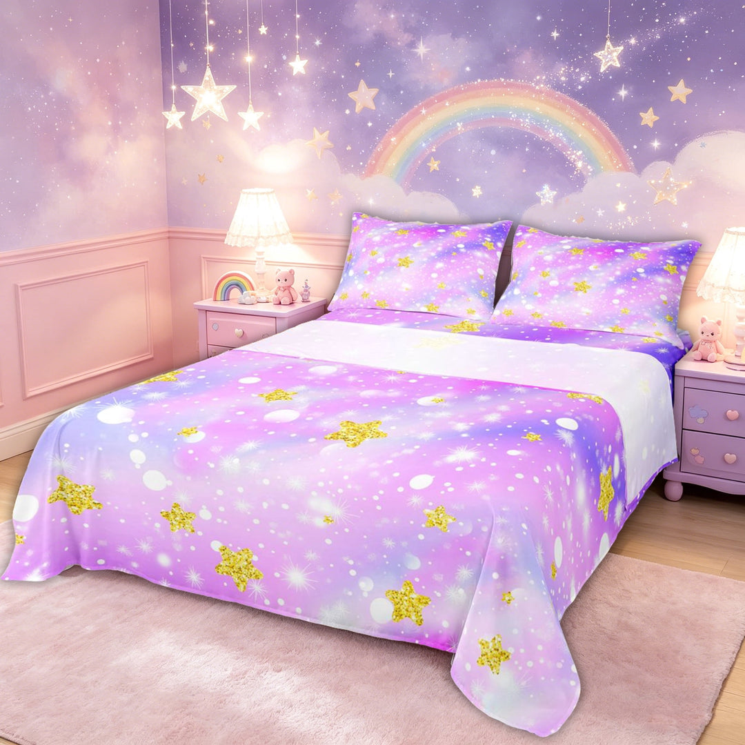 meiyoeat Dreamy Star Bed Sheets for Kids Girls, Purple Galaxy Rainbow Full Size Sheets for Bedroom, 4pcs
