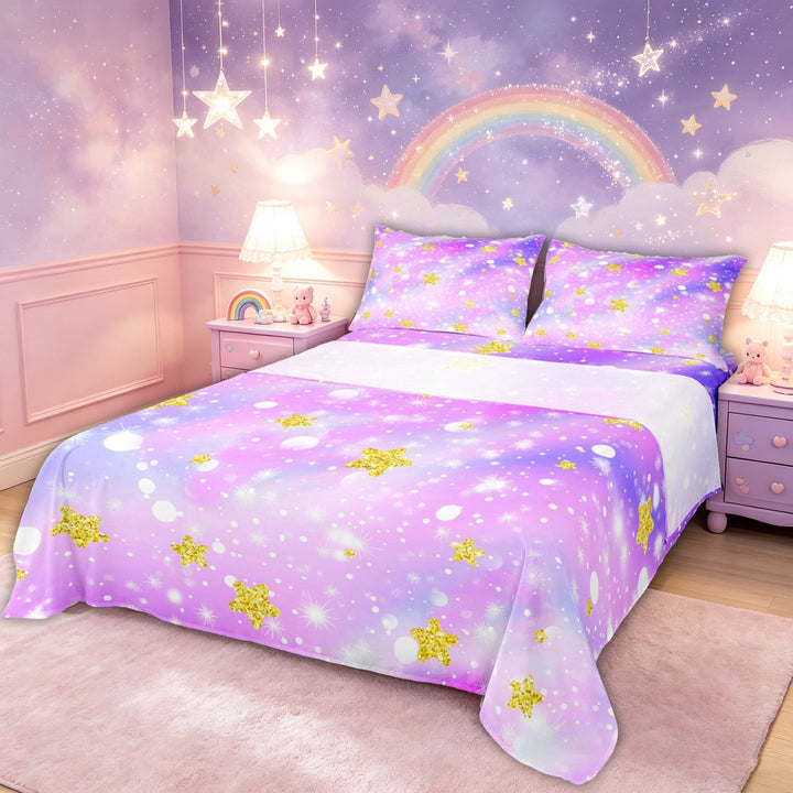 meiyoeat Dreamy Star Bed Sheets for Kids Girls, Purple Galaxy Rainbow Full Size Sheets for Bedroom, 4pcs
