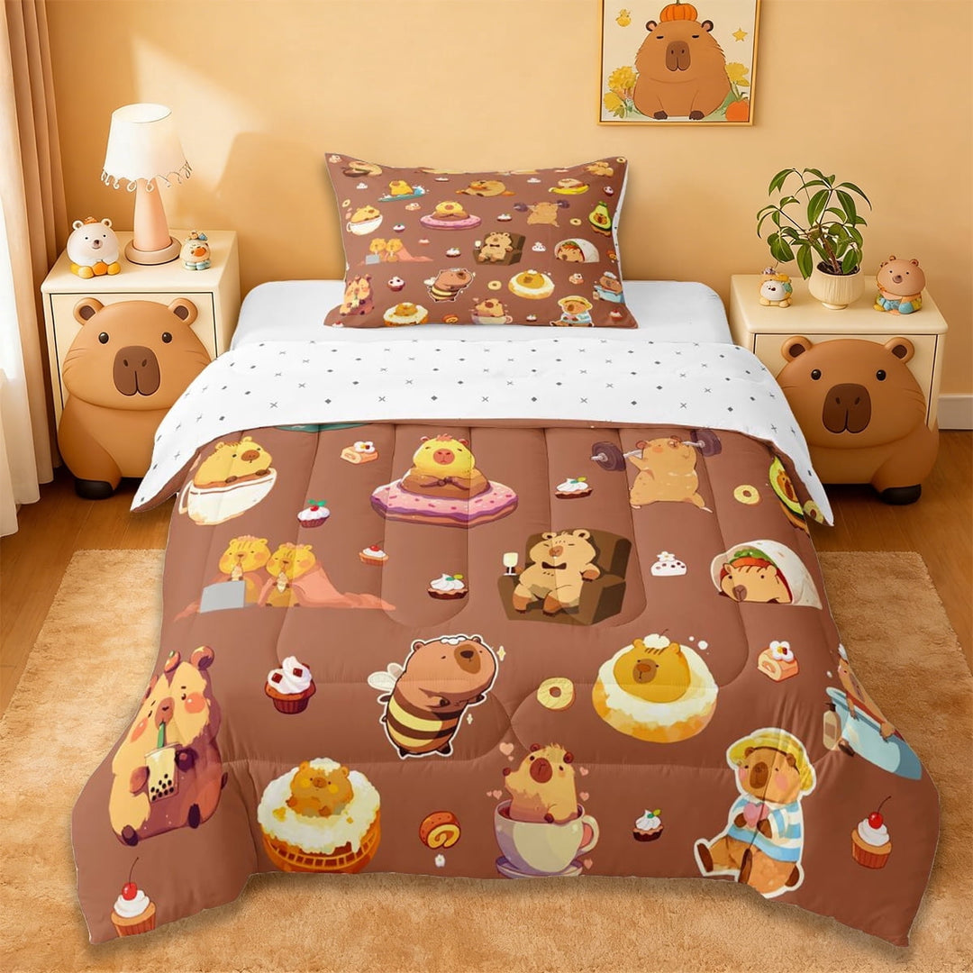 Erosebridal Cute Cake Pattern Twin Comforter Sets,Cartoon Capybara Rodent Animal Bedding Set For Kids Girls Reversible 2-Piece