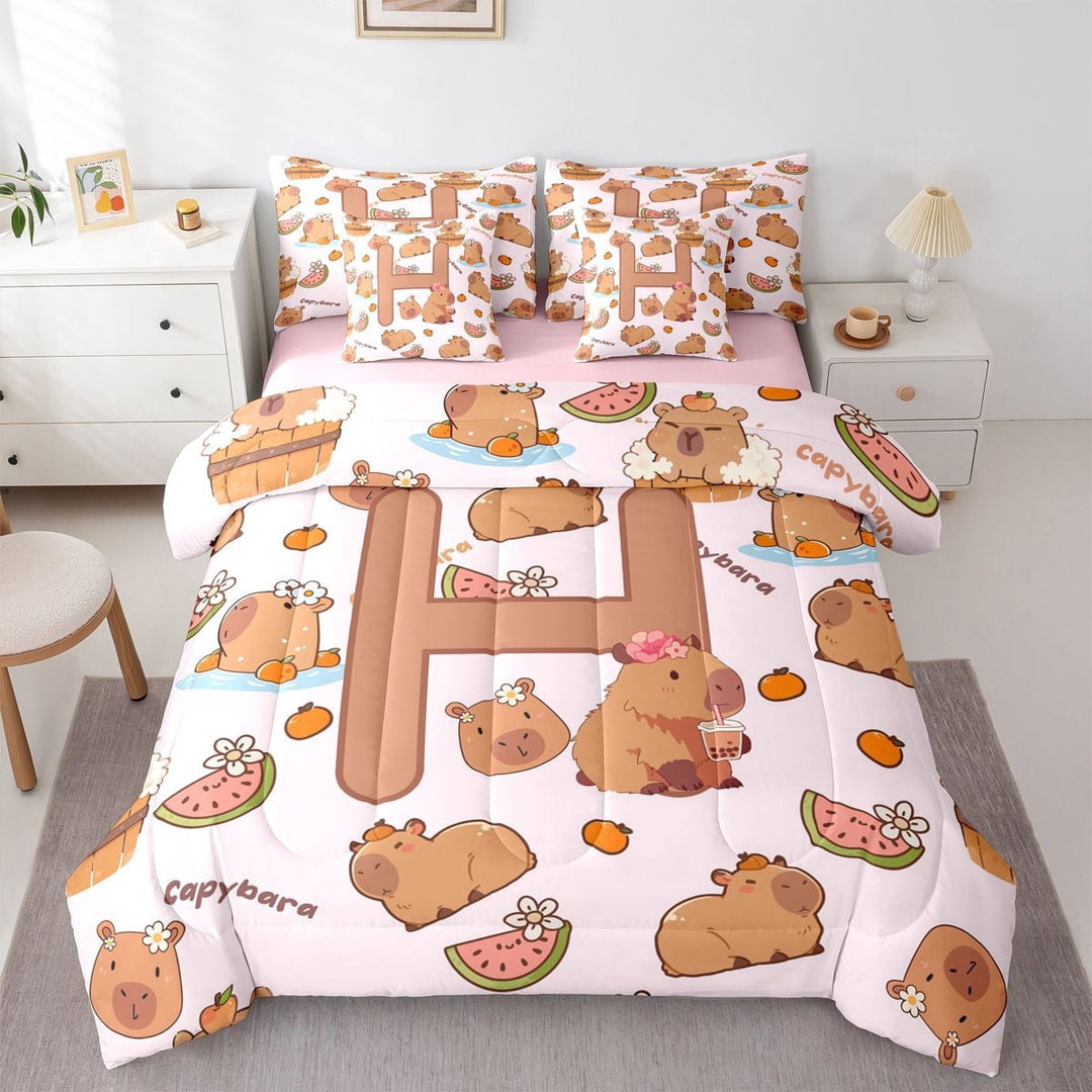 Erosebridal Girls Personalized Initial H Cute Capybara Twin Bedding Sets 7-Piece For Kids,Cartoon Fruit Orange Watermelon Flowers Bedding Comforter Set,Pink Reversible