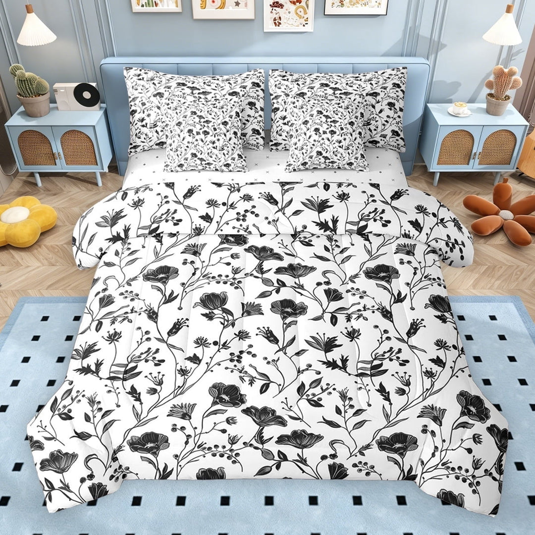 Erosebridal Vintage Flower Twin Bedding Sets for Women, Black White Bedding Comforter Set, Reversible, 7-Piece