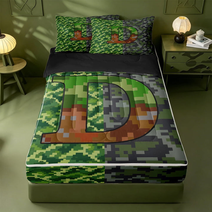 meiyoeat Classic Plaid Initial D Zipper Twin Comforter Sets with Fitted Sheet and 2 Pillowcases For Boys,Pixel Game Theme Monogrammed Zipper Bedding Set,Black Reversible,4-Piece