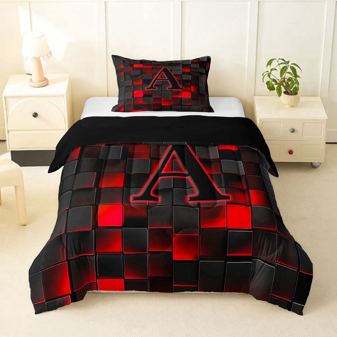 Erosebridal Letter Monogrammed A Boy Twin Comforter Sets 3-Piece,Teens Children Black Red Futuristic Cubes Bedding Set,Black Reversible