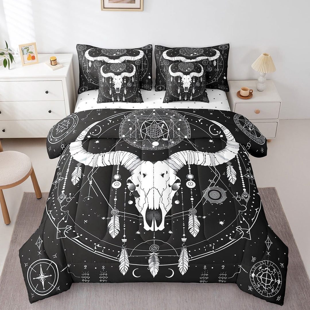 Longhorn Bull Skull 7 Piece Comforter Set Full Bed in a Bag,Exotic Feather Bedding Sets Bohemian Gothic Sheet Set with Comforter Constellation Star Moon Room Decor,Black and White