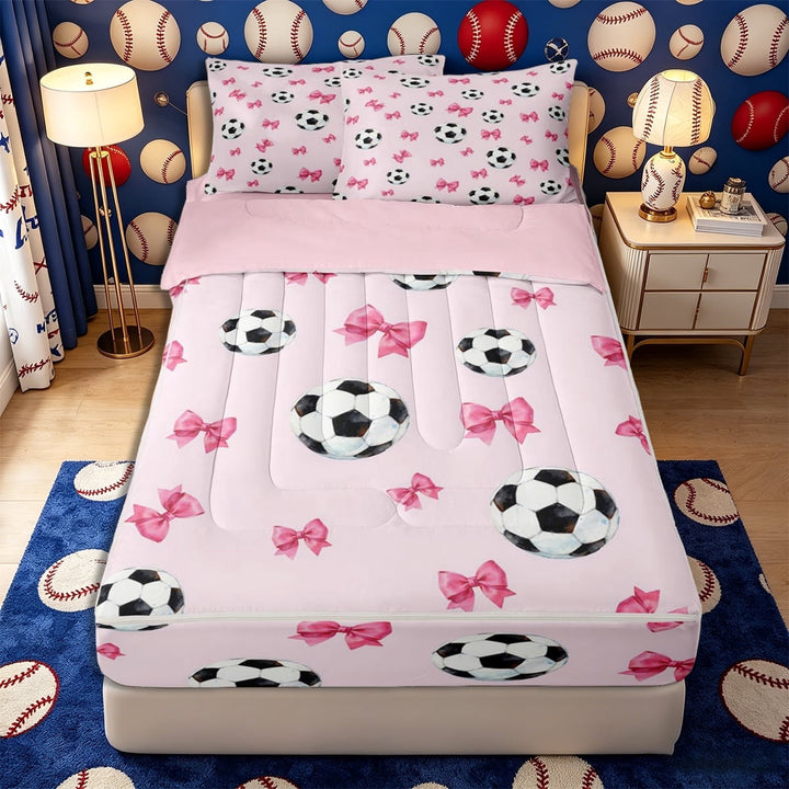 Meiyoeat Cute Soccer Ball Zipper Twin Comforter Sets with Fitted Sheet and 2 Pillowcases, Pink Bow Print Zipper Bedding Set for Bedroom,4-Piece,Pink Reversible