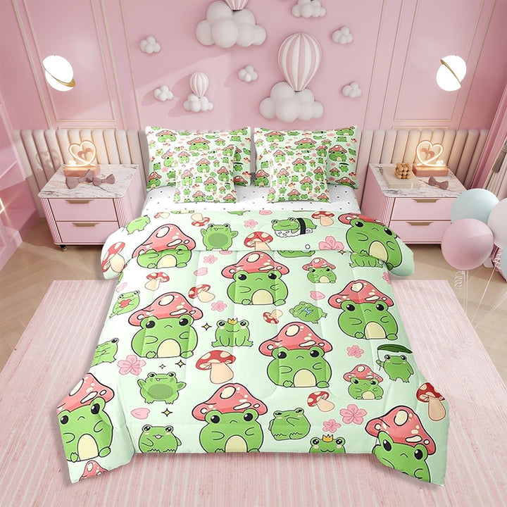 Erosebridal Mushroom Frog 7Pcs Comforter Set Twin Size Cute Mushroom Bedding Set Bedroom Decor Cartoon Animals Plants Fitted + Flat Sheet Pink Green 2 Pillow Cover,2 Pillowcases