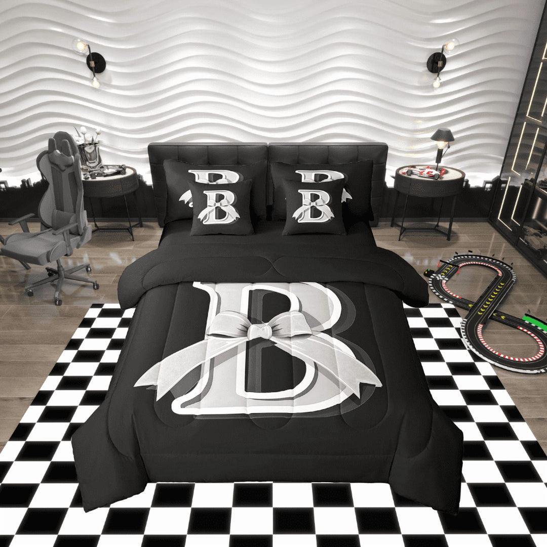 Erosebridal Monogrammed B Bed in a Bag Twin size, Initial Letter Bed Set, Gray Bow Reversible Bedding Twin Size, Super Cozy Bedroom Decor, 7 Pieces