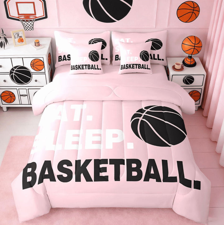Manfei Basketball Pink 7 Pieces Bedding Comforter Set,Gaming Sports Ball Games Full Bedding Set For Basketball Lover Reversible