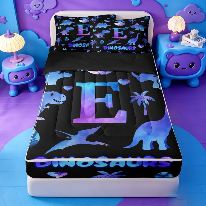 meiyoeat Dinosaur Watercolor Monogram E Zipper Full Size Comforter Sets with Fitted Sheet and 2 Pillowcases For Boys,Dino Themed Initial Zipper Bedding Set,Black Reversible,4-Piece