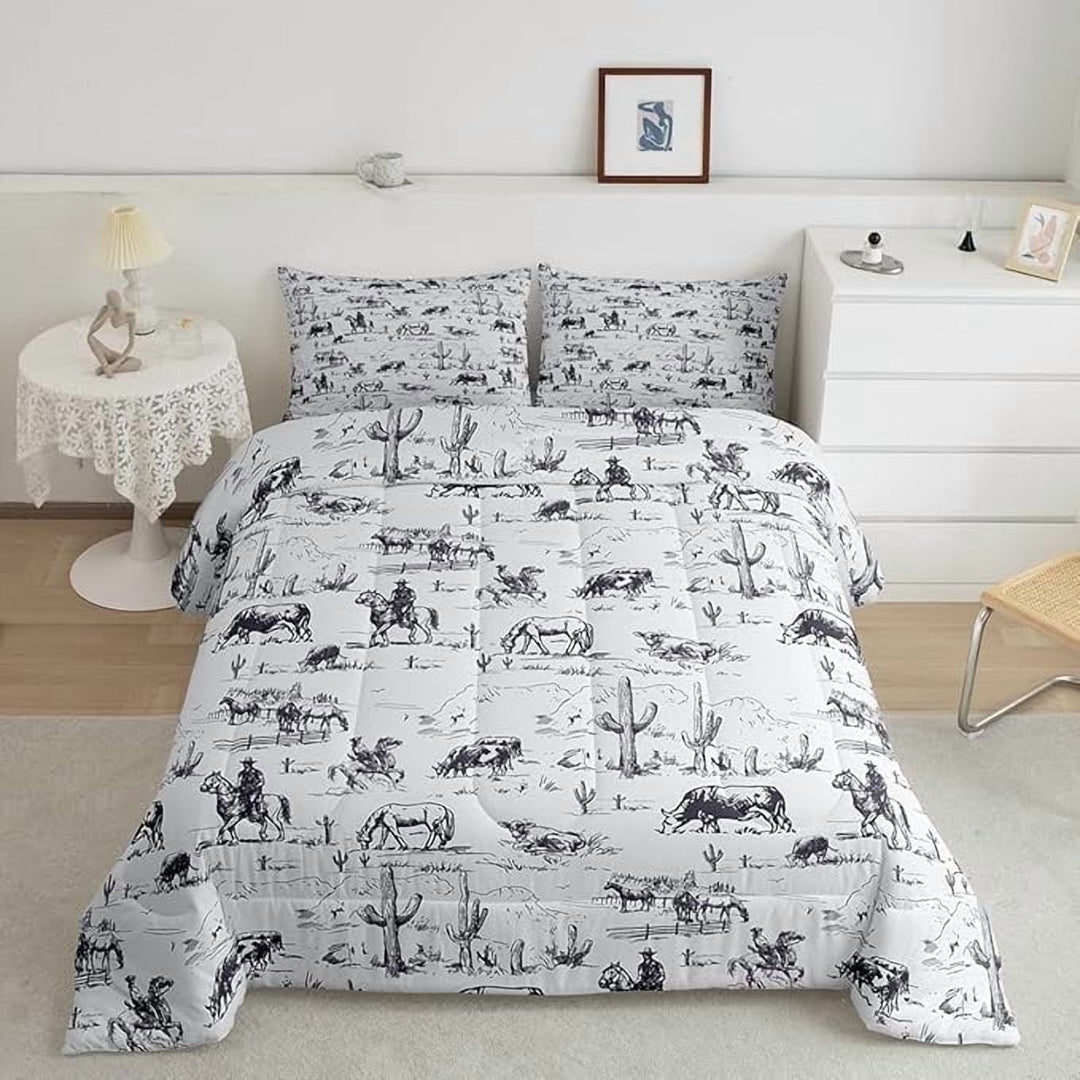 Western CowHorses Bedding Comforter Sets,Retro Farmhouse Style Tropical Cactus Plants Bedding Set for Bedroom Decor