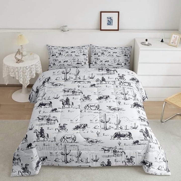 Western CowHorses Bedding Comforter Sets,Retro Farmhouse Style Tropical Cactus Plants Bedding Set for Bedroom Decor