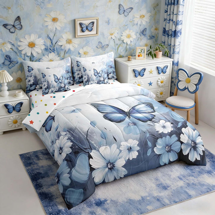 Butterfly Flowers Bed in a Bag Queen Comforter Set 7 Piece,Light Blue Ombre Art Oil Painting Floral Bedding Sets Rustic Aesthetic Animal Daisy Flower Sheet Set with Comforter