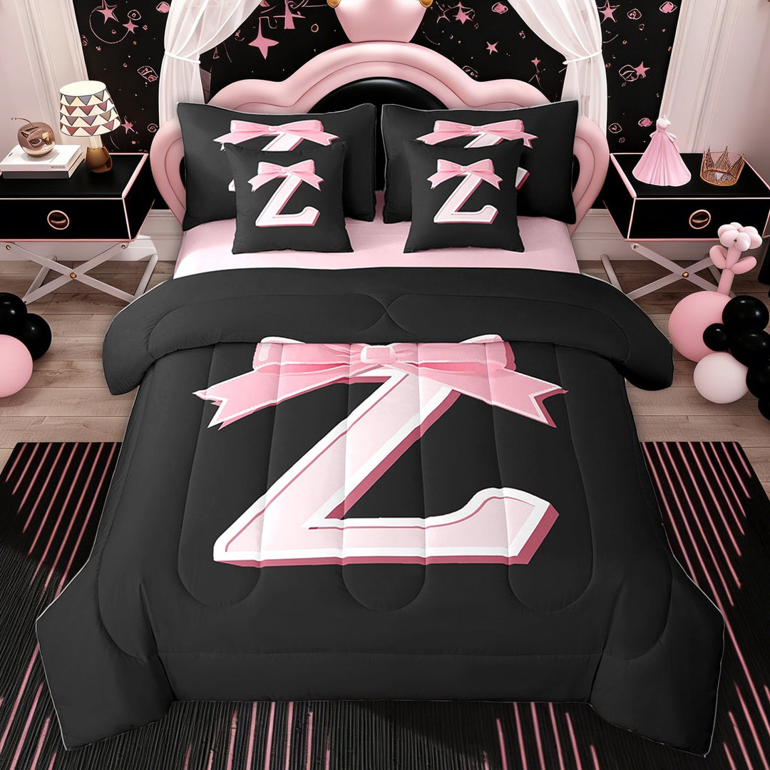 Erosebridal Girly Pink Bowknot Bedding Twin Size, Initial Letter Z Bedding Sets Twin Size, Cartoon Monogrammed Reversible Bed Set, 7pcs