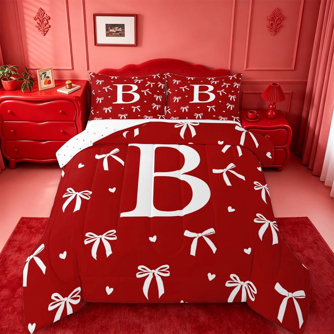 Manfei Letter B Initial Monogram Full Size Comforter Sets For Kids,Ribbon Bowknot Bedding Sets For Girl,Reversible,3pcs