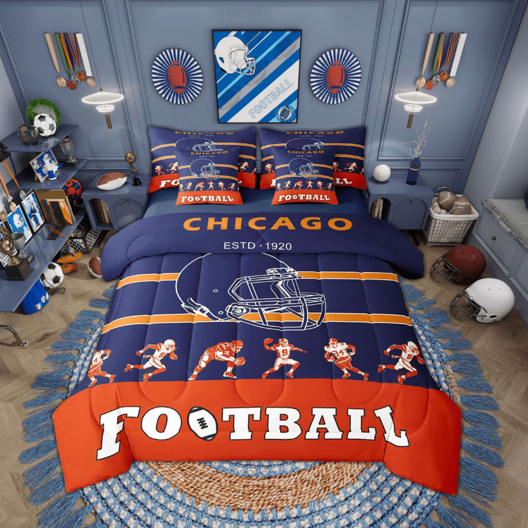 Erosebridal Football Comforter Set Twin Size 7 Piece Bed in A Bag American Football Bedding Set Teens Super Soft All Season for Bedroom,Rugby Reversible Bed Sets(Chicago)