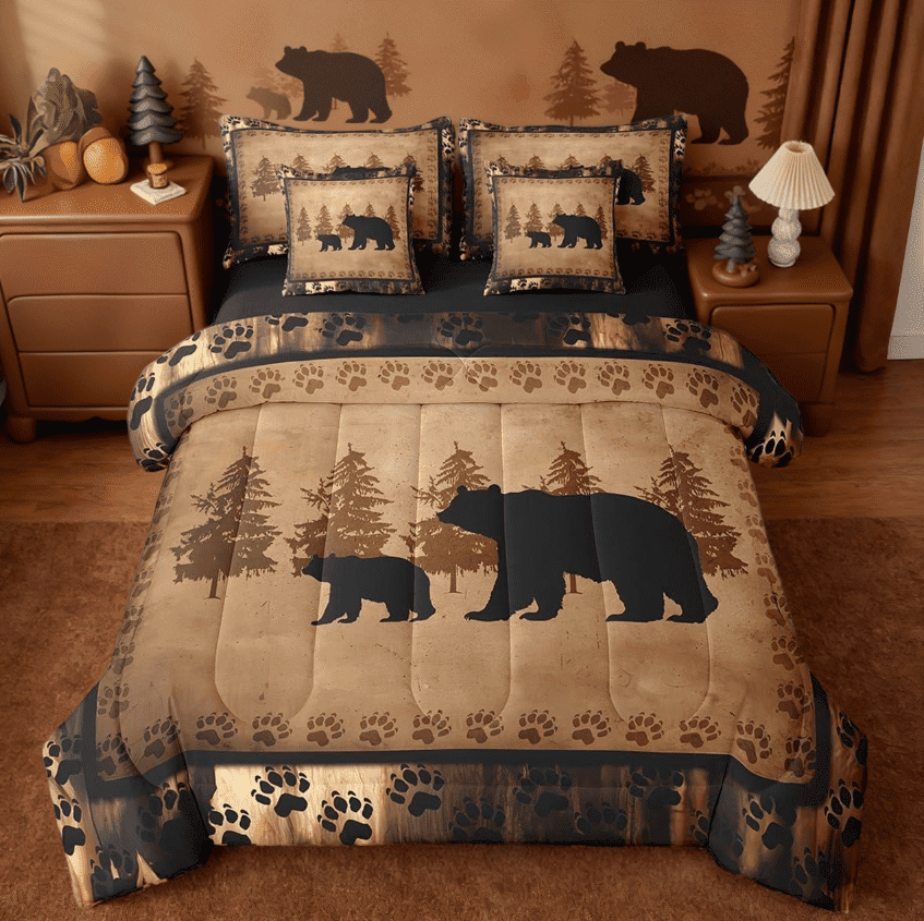 Manfei Wild Animals Bear 7 Pieces Bedding Comforter Set,Cabin Lodge Rustic Farmhouse Hunting Full Bedding Set Reversible