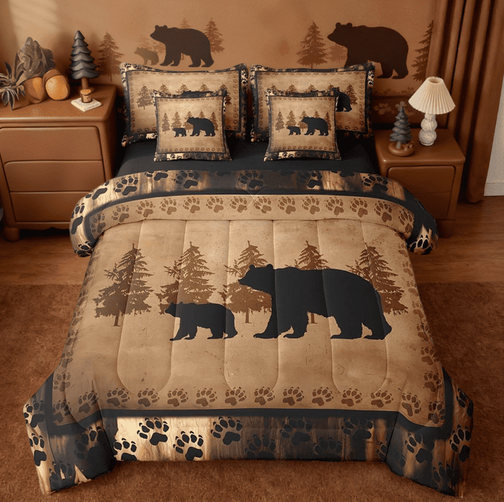 Manfei Wild Animals Bear 7 Pieces Bedding Comforter Set,Cabin Lodge Rustic Farmhouse Hunting Full Bedding Set Reversible