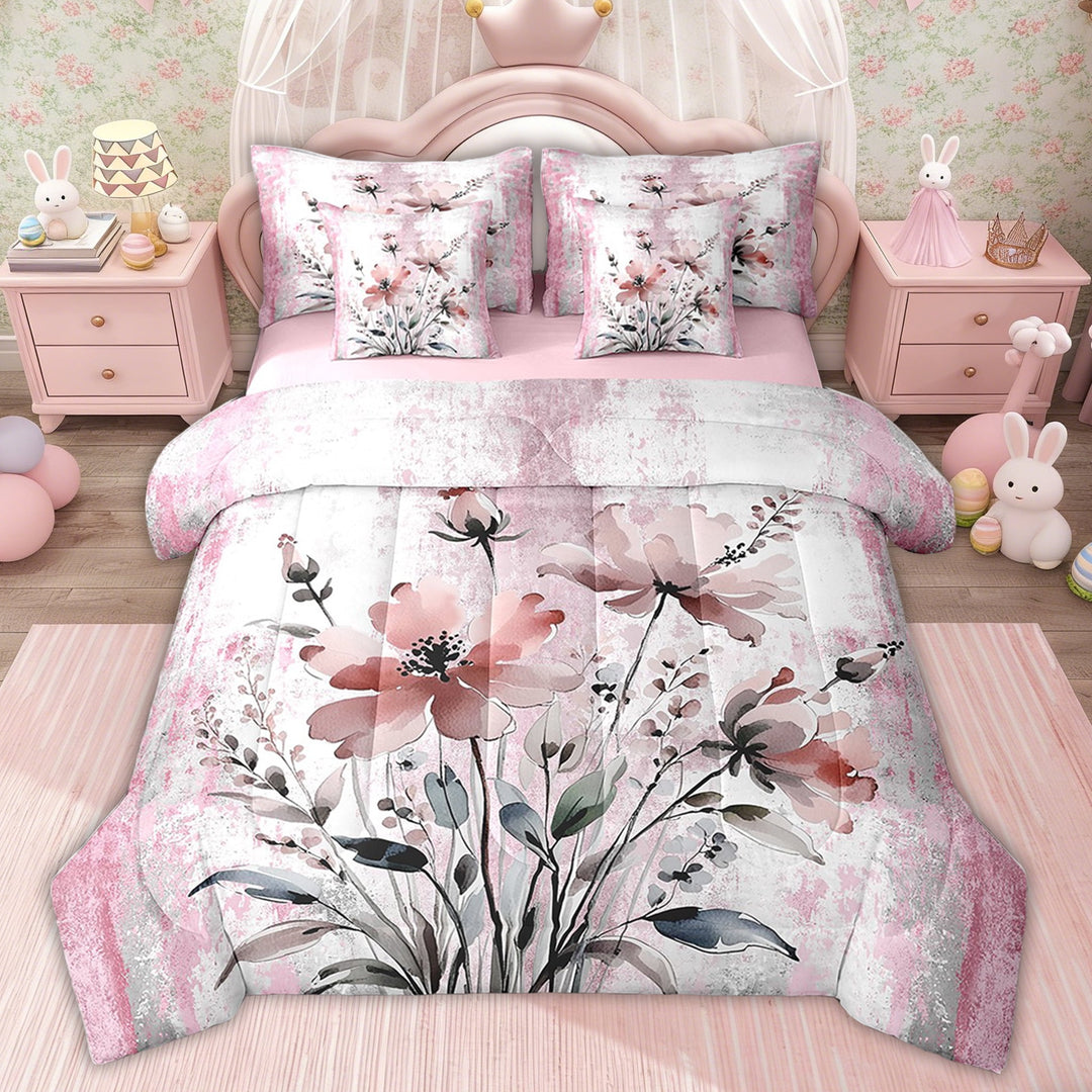 Erosebridal Groovy Floral Bedding Queen Size, Watercolor Flower Bed Set, Rustic Plant Reversible Bed in a Bag Queen size, 7pcs