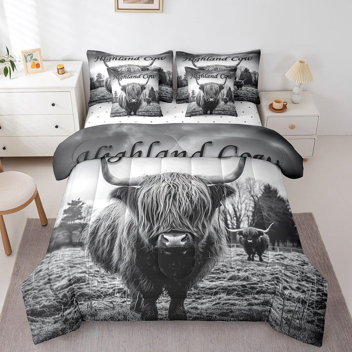 7Pcs Highland Cow Comforter Sets Queen Size, Farm Animal Rustic Comforter Set Bed in a Bag(1 Comforter, 1 Flat Sheet 1 Fitted Sheet 2 Pillowcases and 2 Throw Pillow Covers)