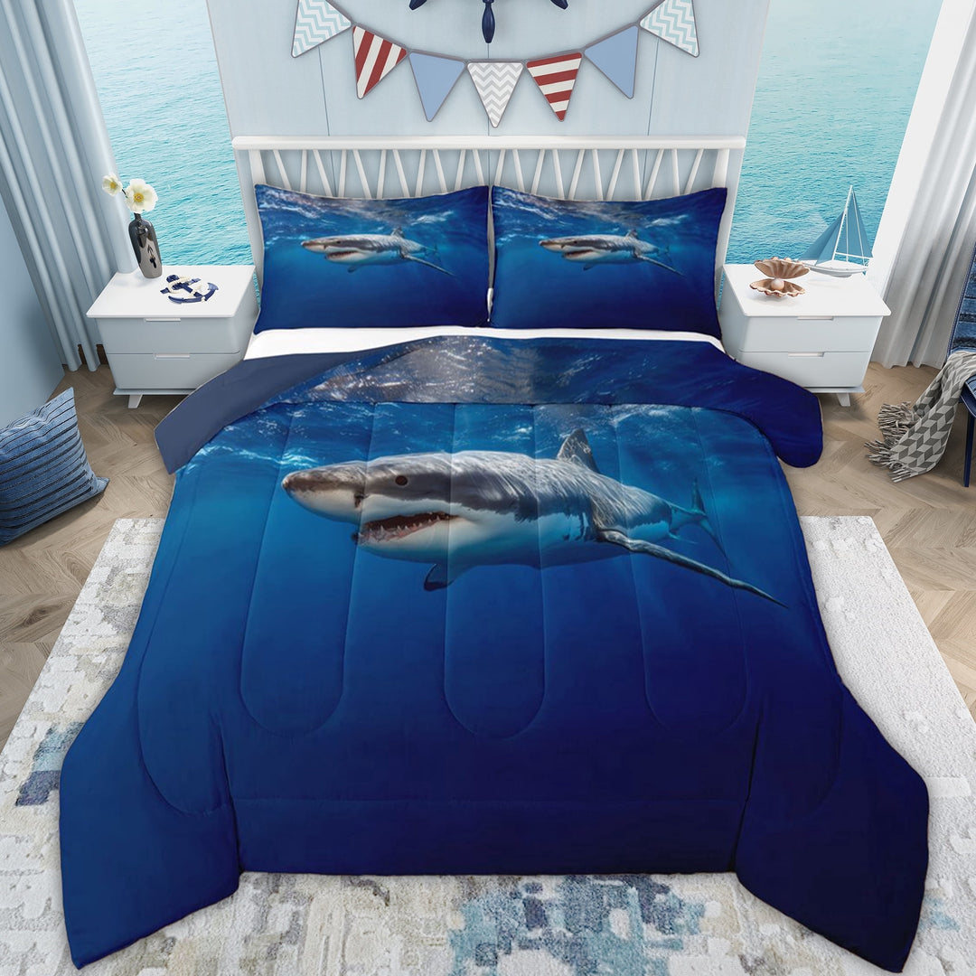 Erosebridal 3D Shark Print Queen Comforter Set for Kids, Marine Wildlife Bedding Comforter Set, Blue Reversible, 3pcs