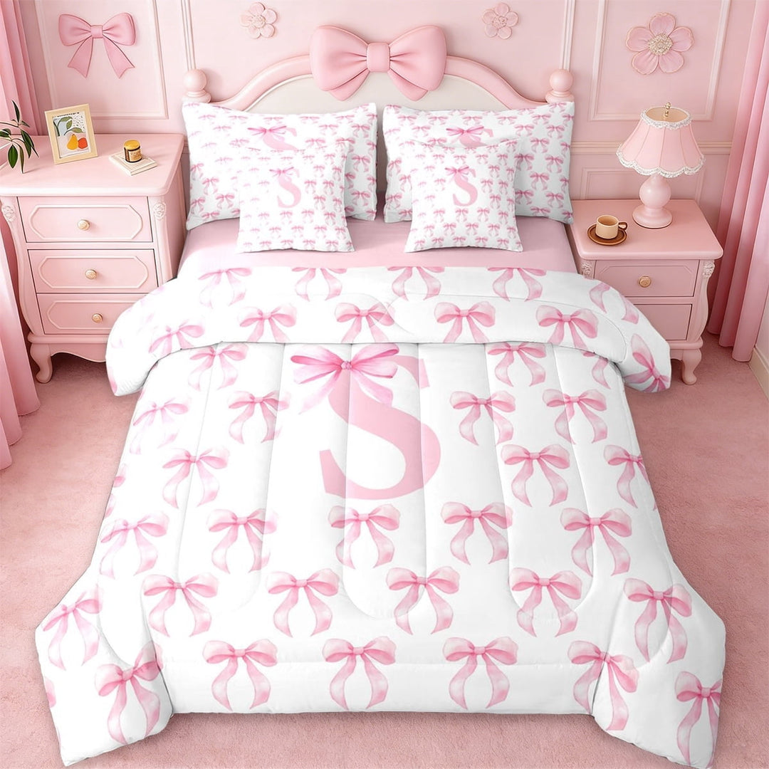 Erosebridal Pink Modern Bowtie 7-Piece Twin Bedding Sets For Girls,Letter J Initial Monogrammed Bedding Comforter Set,Pink Reversible