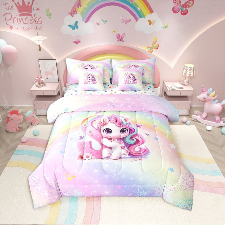 Erosebridal Pink Unicorn Bedding Twin Size, Initial S Letter Bedding Sets Twin Size, Cartoon Animal Decor, Reversible